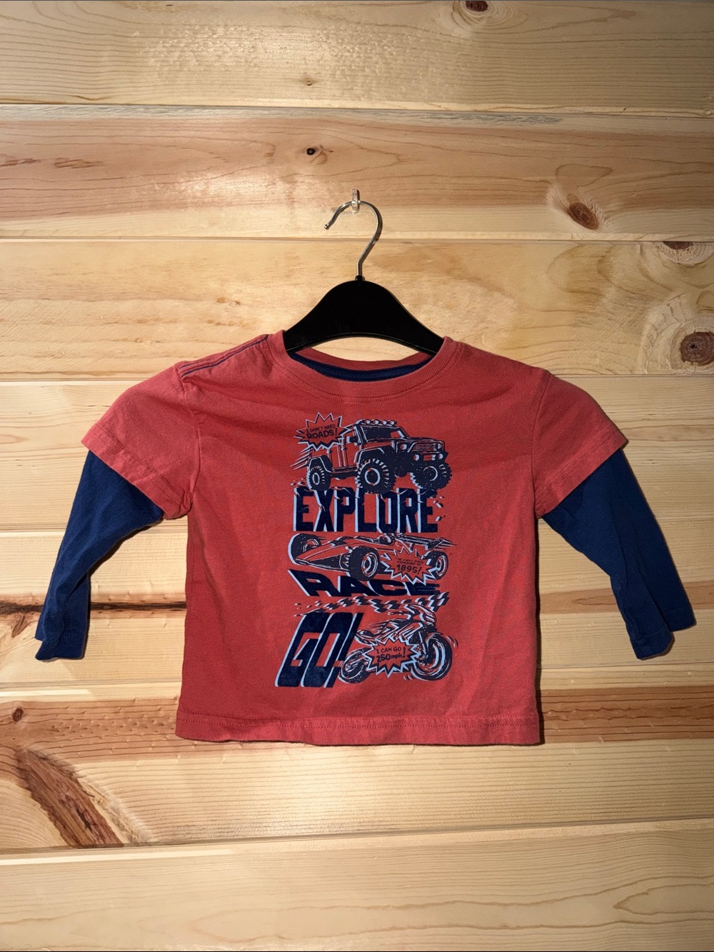 Kids Red Layered-Look Long Sleeve Top with Vehicle Graphic